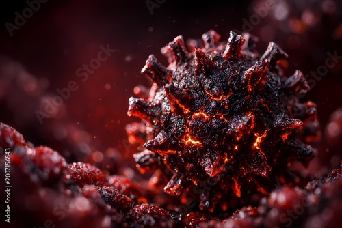 Detailed macroscopic visualization of a glowing red virus particle in the bloodstream. This high quality digital illustration is perfectly suitable for medical presentations and web design.