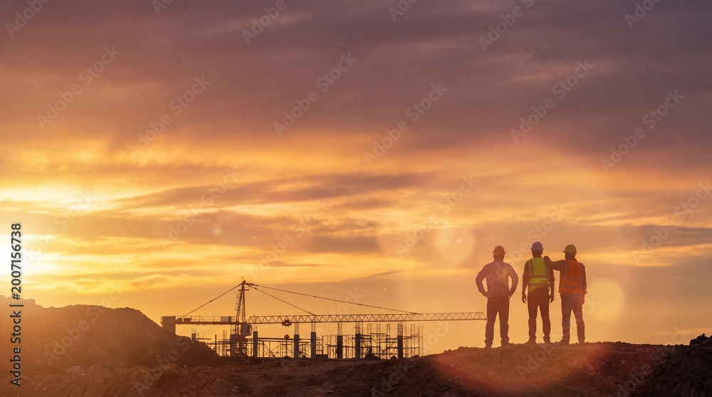 Obraz premium Silhouette of Workers at Sunset – Teamwork, Hard Work and Success Concept with Copy Space