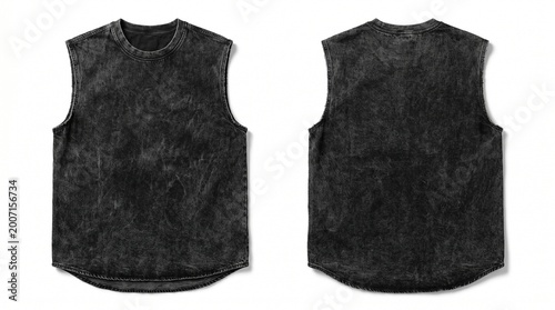 Black Acid Wash Sleeveless T-Shirt Mockup, Front and Back View of Vintage Muscle Tank Top Isolated on White Background