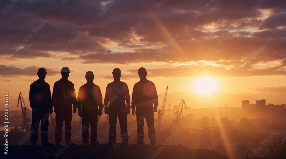 Fototapeta premium Silhouette of Workers at Sunset – Teamwork, Hard Work and Success Concept with Copy Space