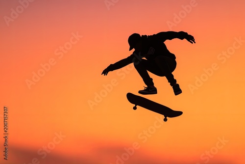 Skateboarder in mid-air against a vibrant, gradient sunset sky