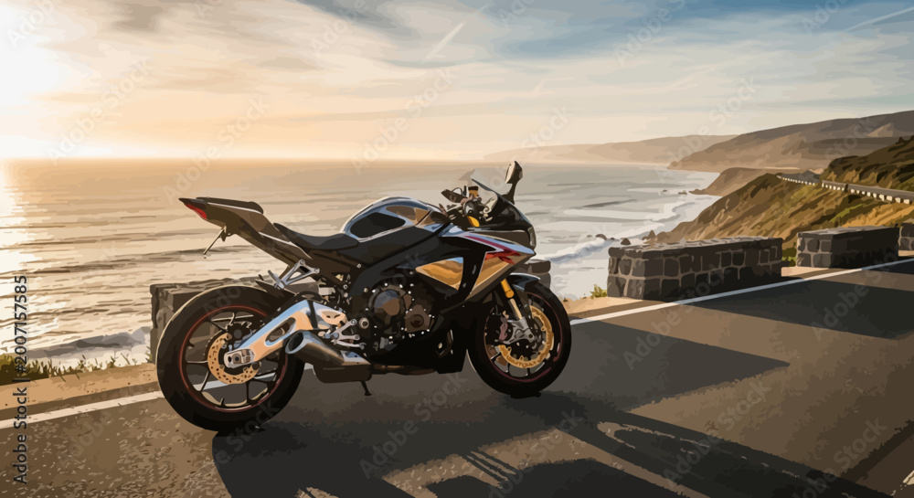 Obraz premium Motorcycle parked on roadside overlooking ocean.