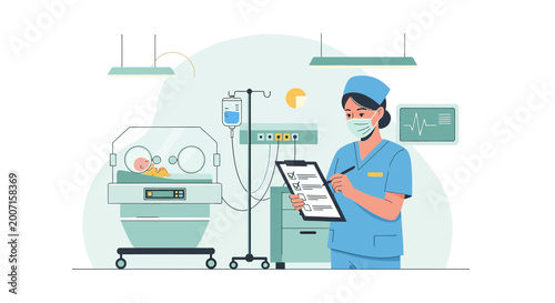 Nurse caring for newborn in incubator with medical equipment in hospital ward