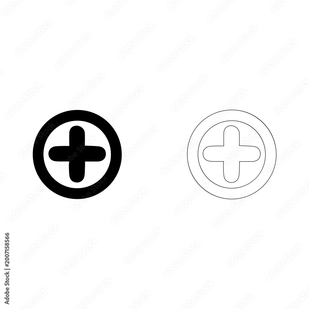 Obraz premium Minimalist vector graphic featuring a bold black plus symbol and a matching thin line outline version for modern user interface design and web application development