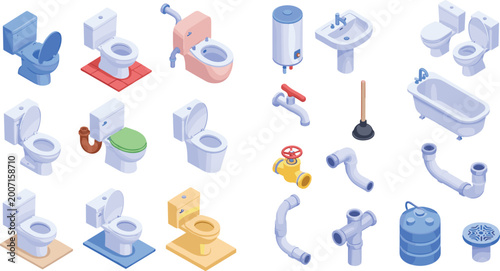 Isometric bathroom and plumbing vector set featuring colorful toilets, ceramic bathtubs, sinks, faucets, pipes, and water heaters for home renovation and professional maintenance service designs.