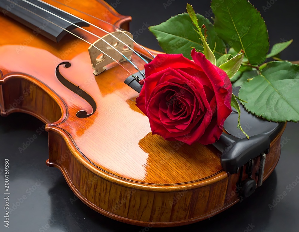 Obraz premium A violin with a red rose on its body