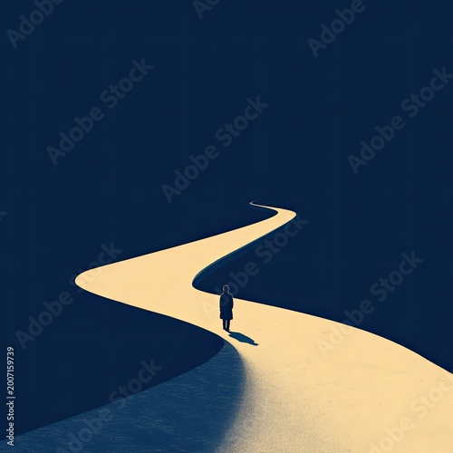 Lone figure walks a winding illuminated path through darkness