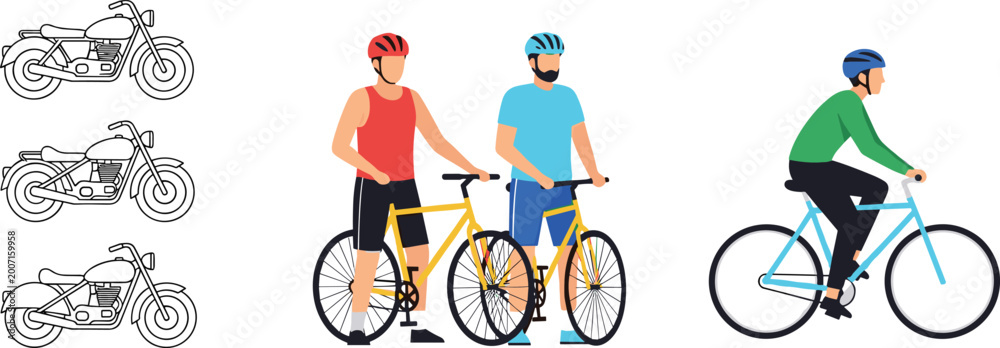 Fototapeta premium Versatile transportation vector set featuring classic motorcycle line art icons and flat style male cyclists riding bicycles for outdoor sports and urban travel design.