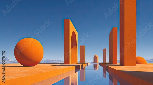 Surreal orange structures and sphere reflected in calm water