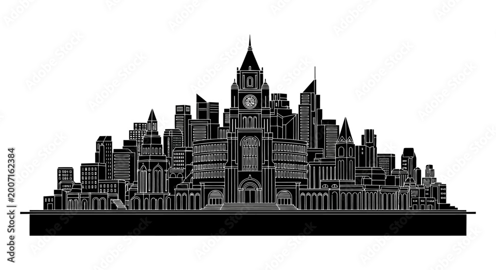 Obraz premium Cityscape silhouette, black and white urban skyline ? architectural design