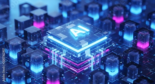 Glowing blue and pink microchip with ai on top surrounded by circuit board