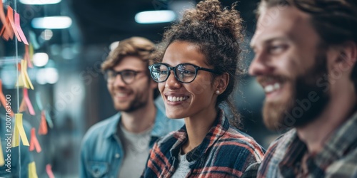Group of Young Diverse Professionals Smiling and Collaborating at Office with Sticky Notes on Glass Wall During Creative Brainstorming Session