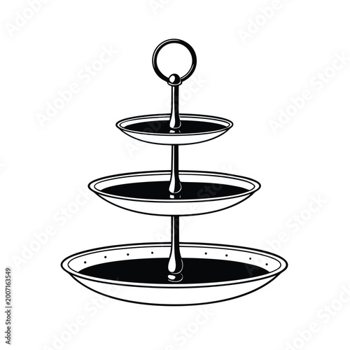 Three tiered serving tray for cakes and dessert. Black and white serving tray vector illustration for catering and food display design.
