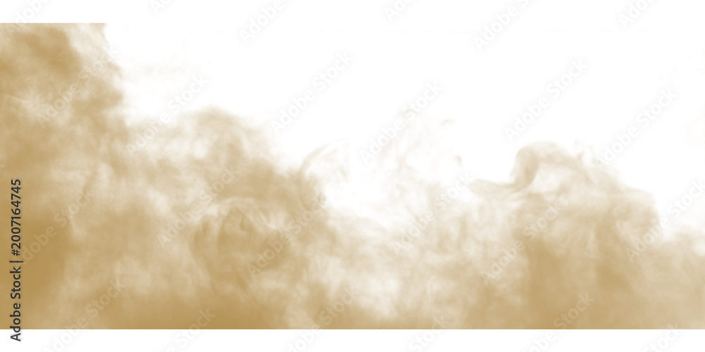 Fototapeta premium Dust sand soil smoke cloud particles isolated on transparent white background. Brown sandstorm smog sand dust explosion rising. Design elements for Compositing, covering