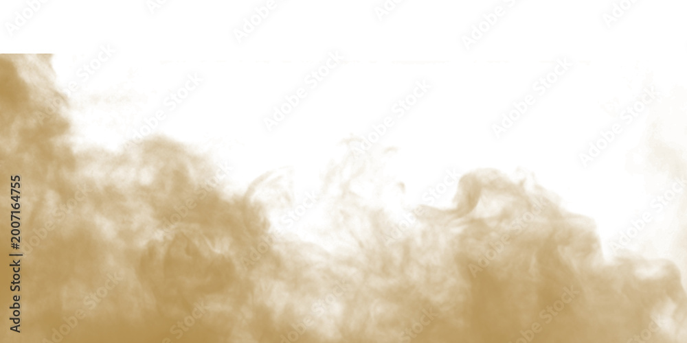 Obraz premium Dust sand soil smoke cloud particles isolated on transparent white background. Brown sandstorm smog sand dust explosion rising. Design elements for Compositing, covering