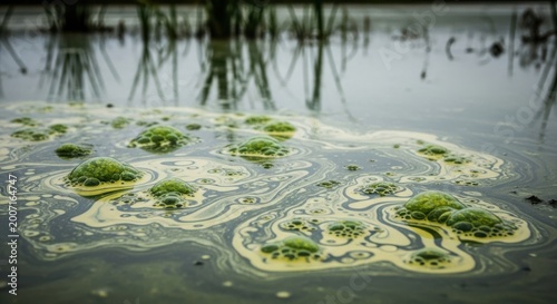 Green Algae Bloom Forming Bubbles and Swirls on Water Surface