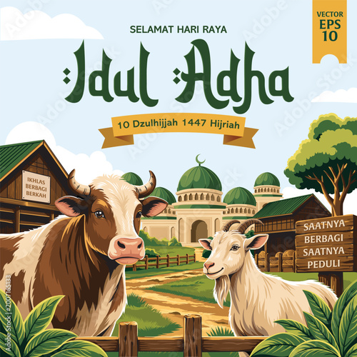 Eid al Adha Qurban Illustration with Cow Goat and Mosque Islamic Holiday Background