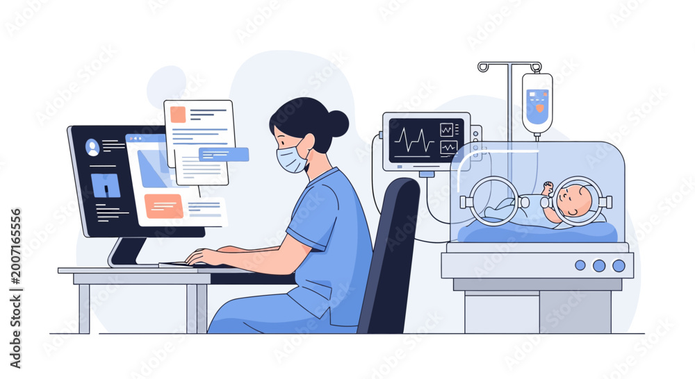 Fototapeta premium Neonatal Intensive Care Nurse Monitors Baby in Incubator via Computer
