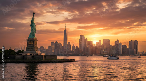Statue of Liberty and Manhattan Skyline at Golden Sunset