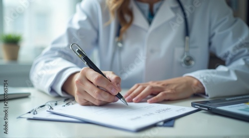 Female Doctor Writing Notes on Clipboard in Bright Clinic, Professional Healthcare Scene