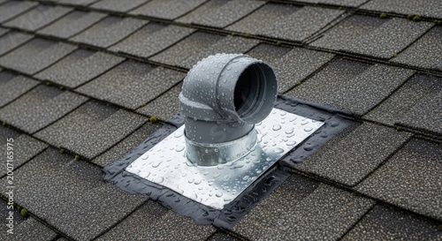 Rainy roof vent with water droplets on modern asphalt shingles and metal flashing during wet weather maintenance