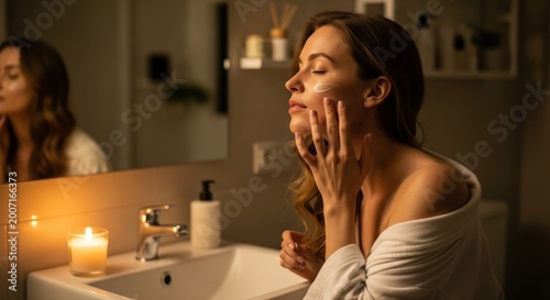 Woman applying skincare cream in bathroom at night, relaxed selfcare routine by candlelight, healthy glowing complexion, serene evening ritual