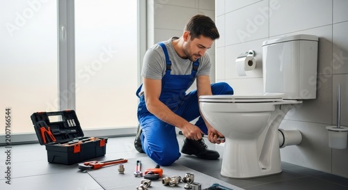 Plumber repairing toilet in modern bathroom with tools and toolbox, professional maintenance and plumbing service concept