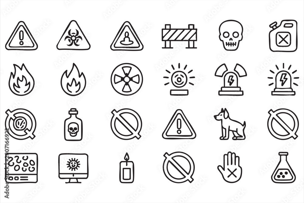 Fototapeta premium Hazard and safety icon pack, warning symbols, danger signs, electric shock and industrial risk elements