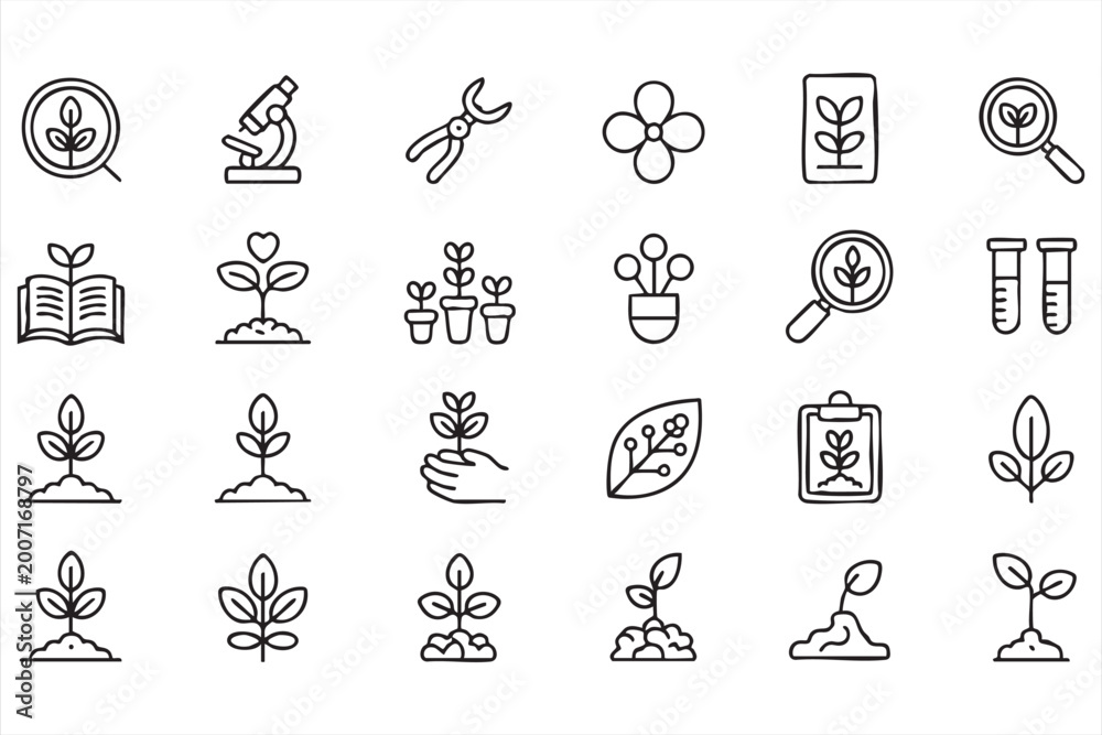 Fototapeta premium Botany and nature icon pack, plant growth, leaf, flower and environmental science elements