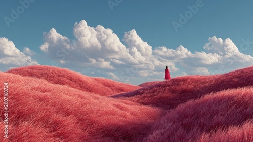 Figure in red stands on vibrant pink grassy hills under sky