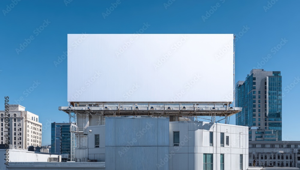 Obraz premium Large blank billboard above modern buildings under a clear blue sky