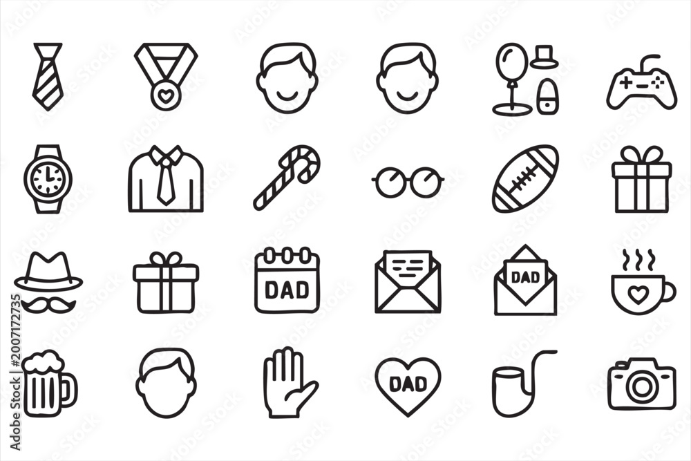 Fototapeta premium Father’s Day dad icons with gifts, accessories and celebration elements for greeting cards and UI design