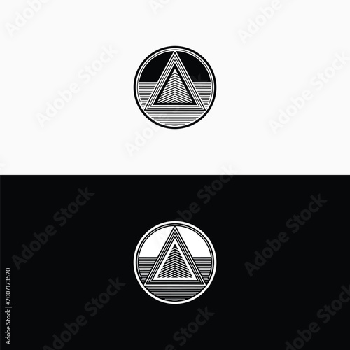 Minimalist geometric triangle logo design, abstract mountain or pyramid symbol inside a circle, vector illustration