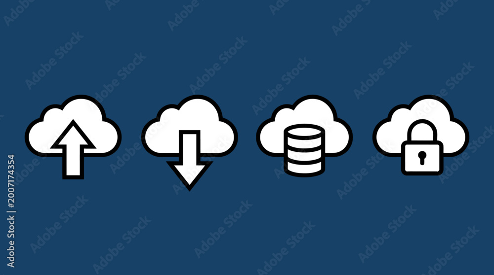 Obraz premium Cloud computing icon set for upload download storage and security