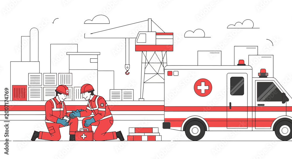 Fototapeta premium Emergency Responders Aid Injured Worker Near Ambulance at Industrial Site