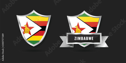 Foto Detailed glossy shield icons showcasing the flag of Zimbabwe, including a version with a silver metallic nameplate