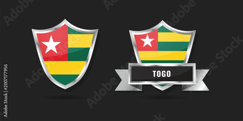 Premium glossy silver shield icons featuring the national flag of Togo. Professional vector badge set for Togolese national symbols and identity for West African themes. Free Download Premium glossy silver shield icons featuring the national flag of Togo. Professional vector badge set for Togolese national symbols and identity for West African themes. - GFXLoad