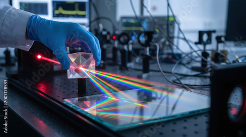 R&D Engineer, Laser beam experiment with prism creating rainbow light spectrum in laboratory