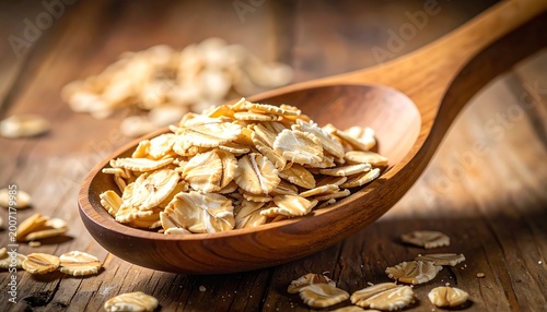 A wooden spoon filled with oats on a rustic table (2)