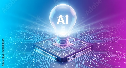 Artificial intelligence concept with glowing light bulb on circuit board background