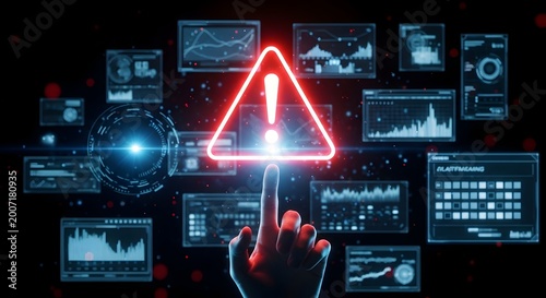 A hand pressing a glowing red warning sign on a futuristic interface with multiple screens and graphs