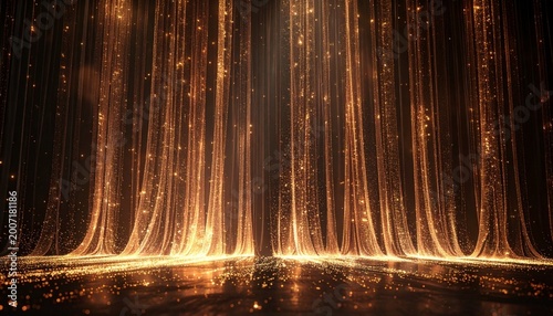 Luxury golden silk waves on white background, abstract glowing gold curves with bokeh effect.