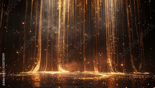 Luxury golden silk waves on white background, abstract glowing gold curves with bokeh effect.