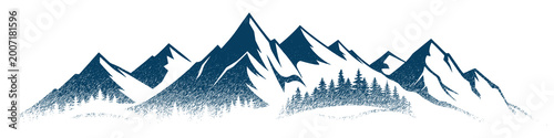 Vector sketch, mountains and forest, imitation of a pencil drawing, isolated on white background
