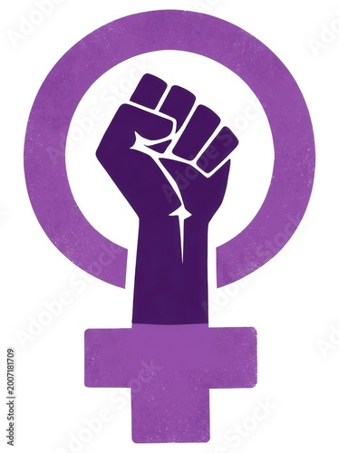 Feminist symbol with raised fist, purple, transparent background