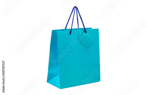 Sky Blue Paper Shopping Bag with Rope Handles Isolated on Transparent Background