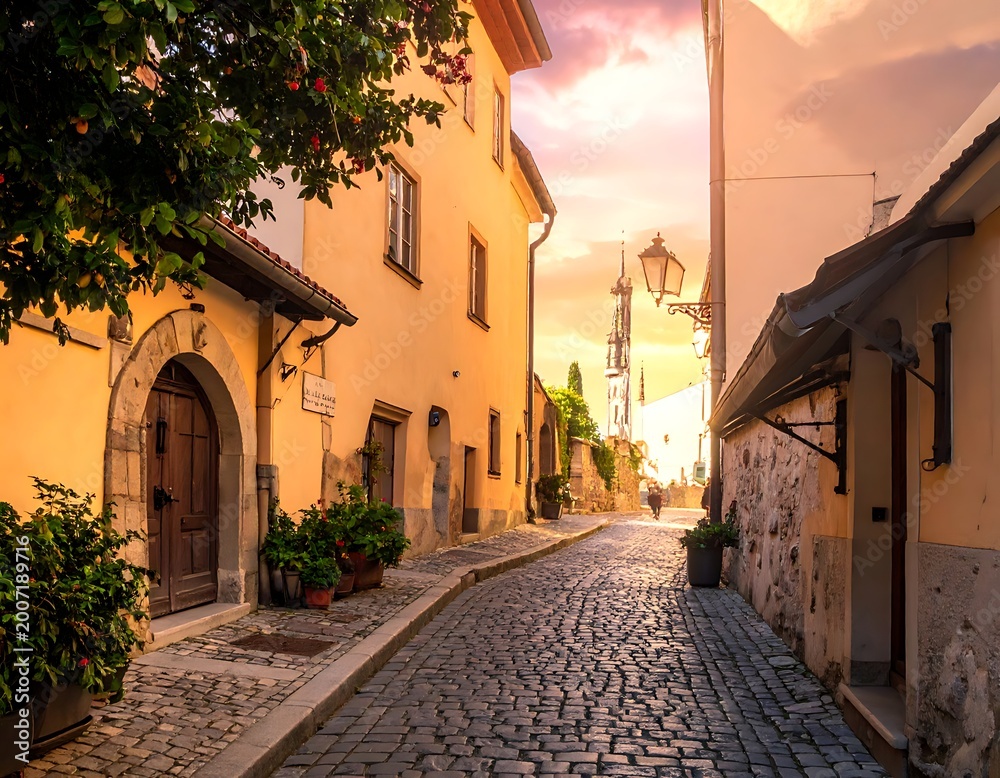 Fototapeta premium A serene cobblestone street lined with old buildings at sunset