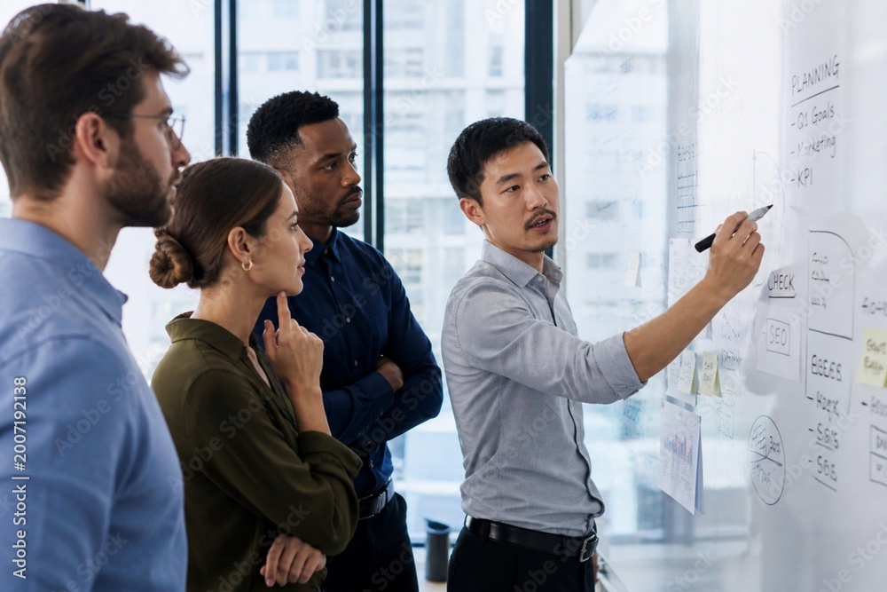 Obraz premium Diverse business team planning strategy in a modern office. Professionals collaborate on marketing goals using a whiteboard. Group brainstorming with notes