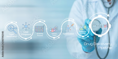 Illustrated drug discovery process pipeline showing stages from target identification to preclinical testing with scientist