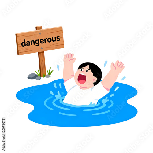 Cuadro en lienzo Man in danger while swimming in water with warning sign